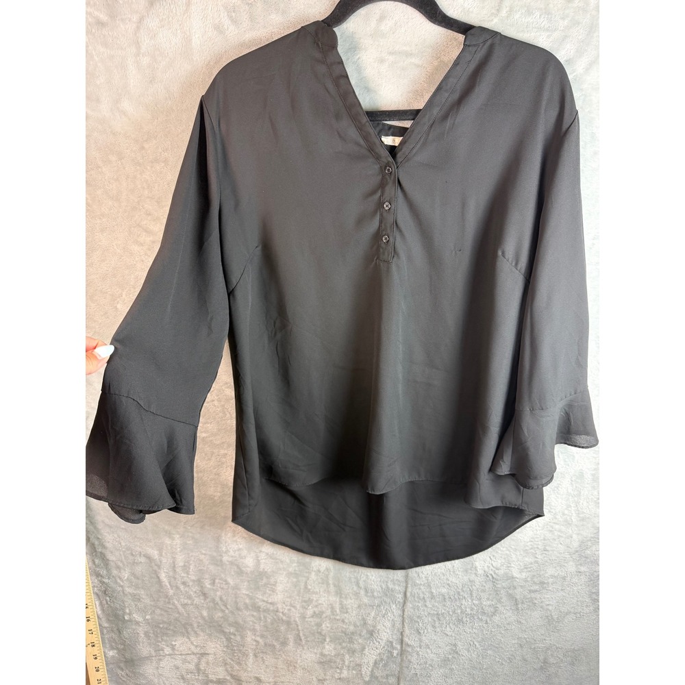 MAURICES Blouse Womens 1 Black V Neck Henley Bell Sleeve High Low Career Top